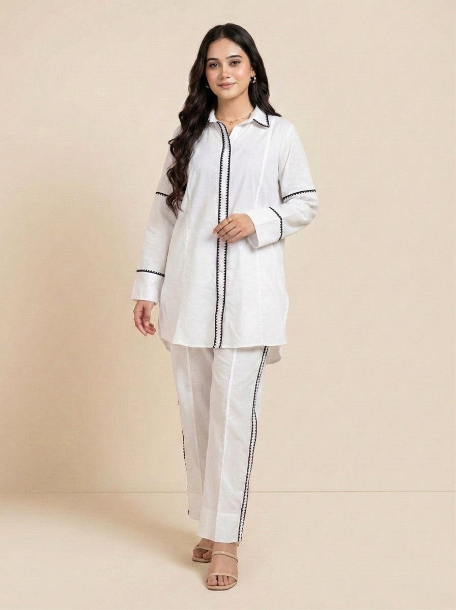 Women 2 Piece Coord Set – White with Contrast Detailing