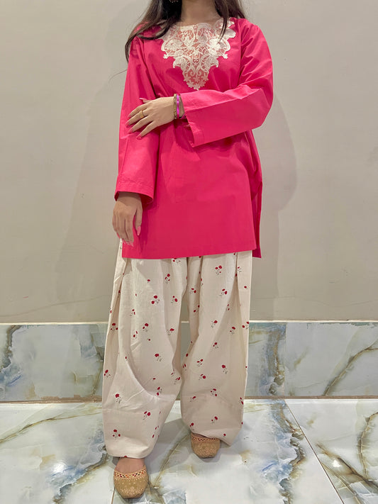 Embroidered Cotton Kurta with Farshi Shalwar – 2 Piece Traditional Coord Set