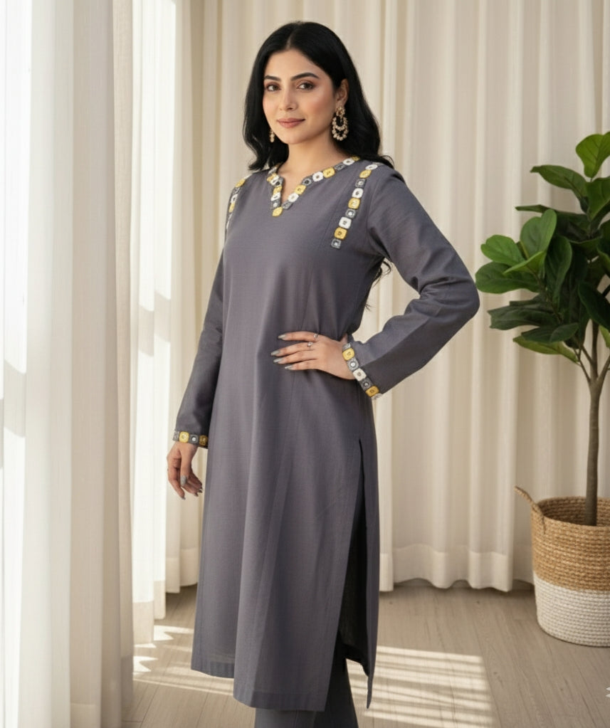 2 Piece Yarn Dyed Cotton  Chambray Suit with Mirror/Anchor work