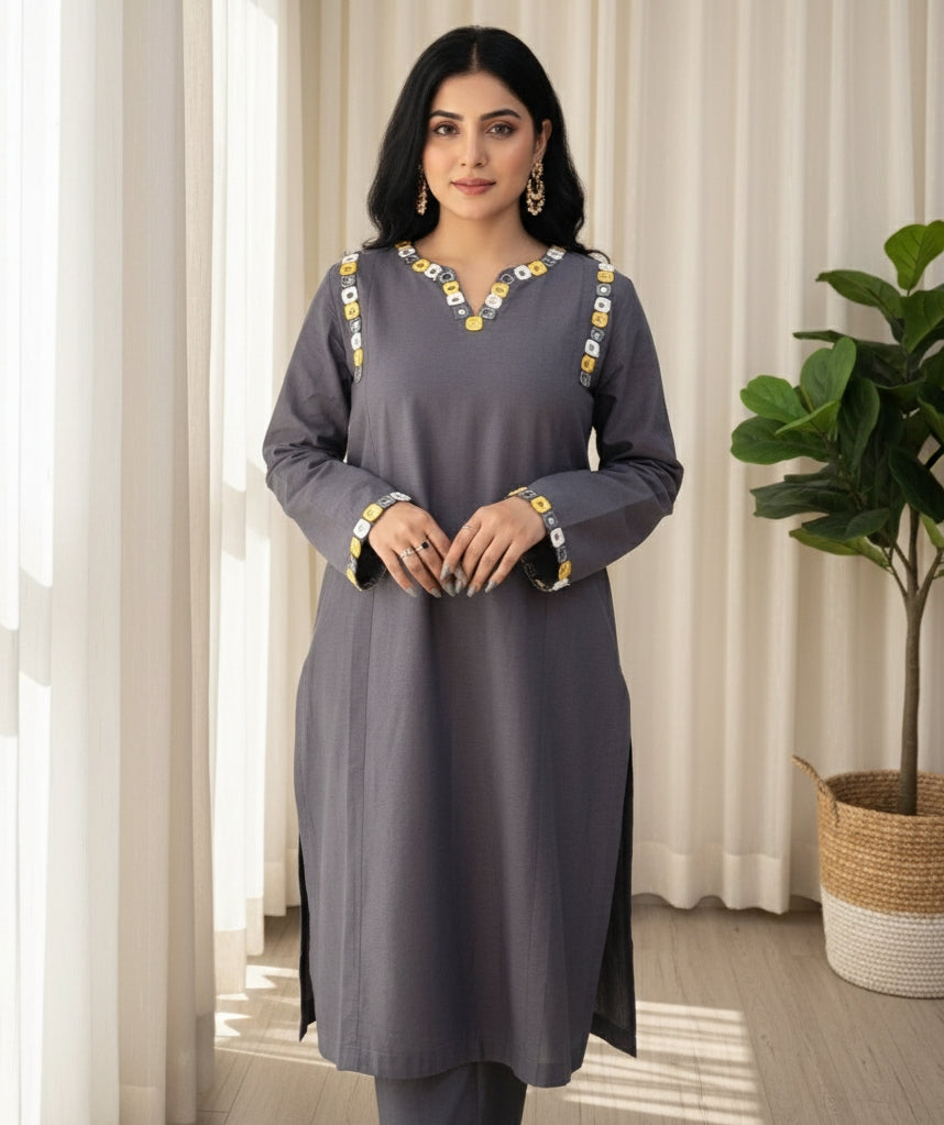 2 Piece Yarn Dyed Cotton  Chambray Suit with Mirror/Anchor work