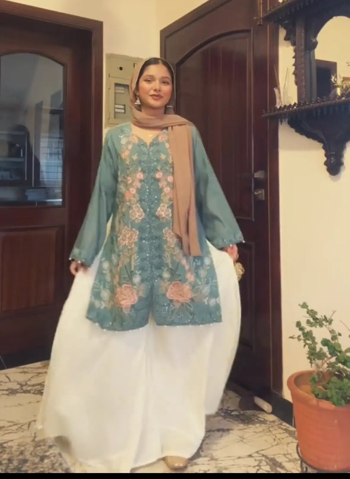 Embroidered Paper Cotton Co-ord Set with Flared Palazzo