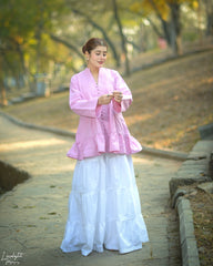 Solid Cotton Pleated Kurti with Fabric Buttons