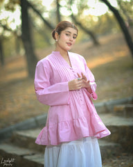 Solid Cotton Pleated Kurti with Fabric Buttons