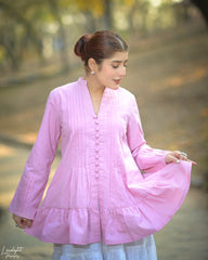Solid Cotton Pleated Kurti with Fabric Buttons
