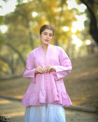 Solid Cotton Pleated Kurti with Fabric Buttons