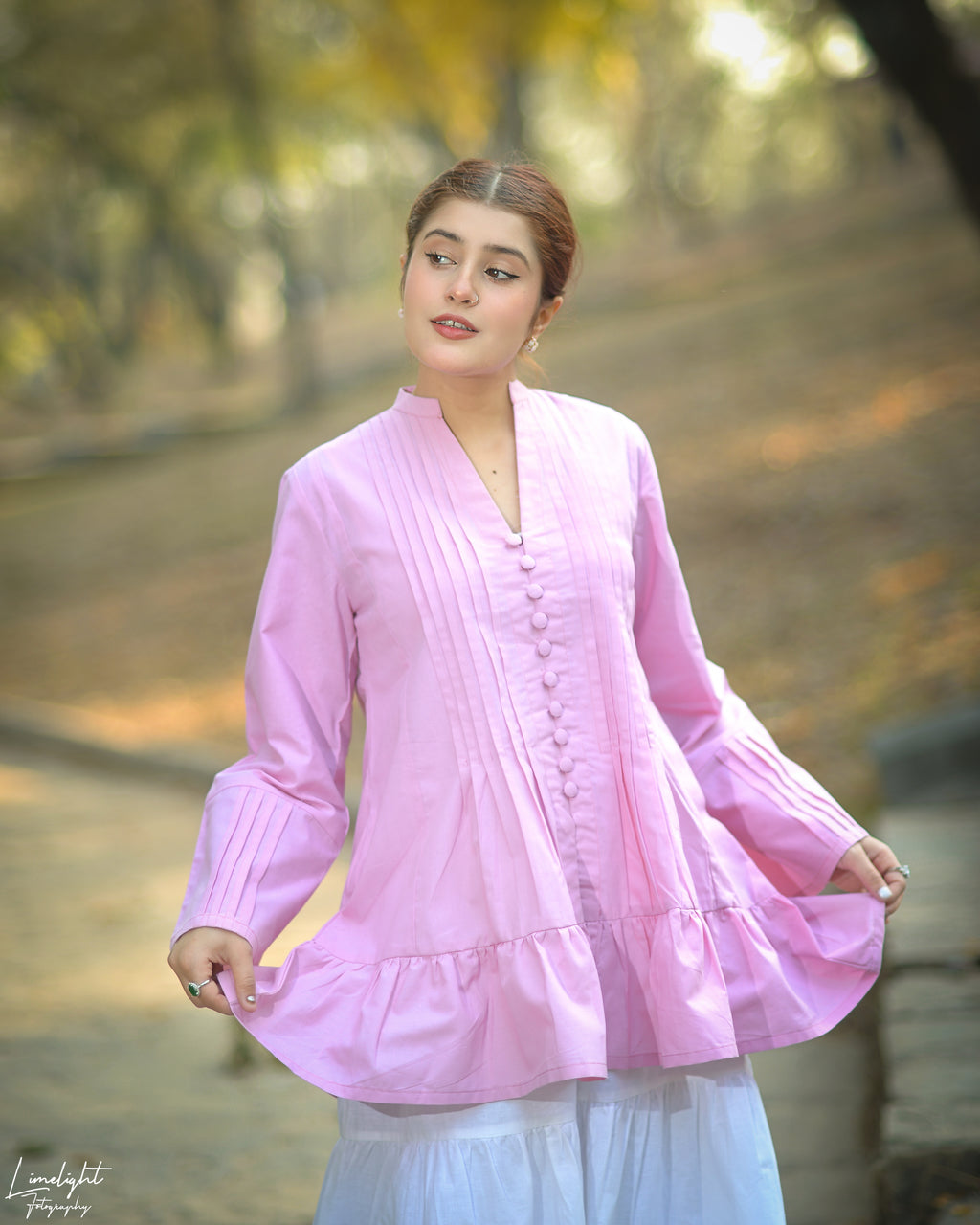 1 Piece Solid Cotton Pleated Kurti with Fabric Buttons