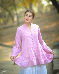 Solid Cotton Pleated Kurti with Fabric Buttons