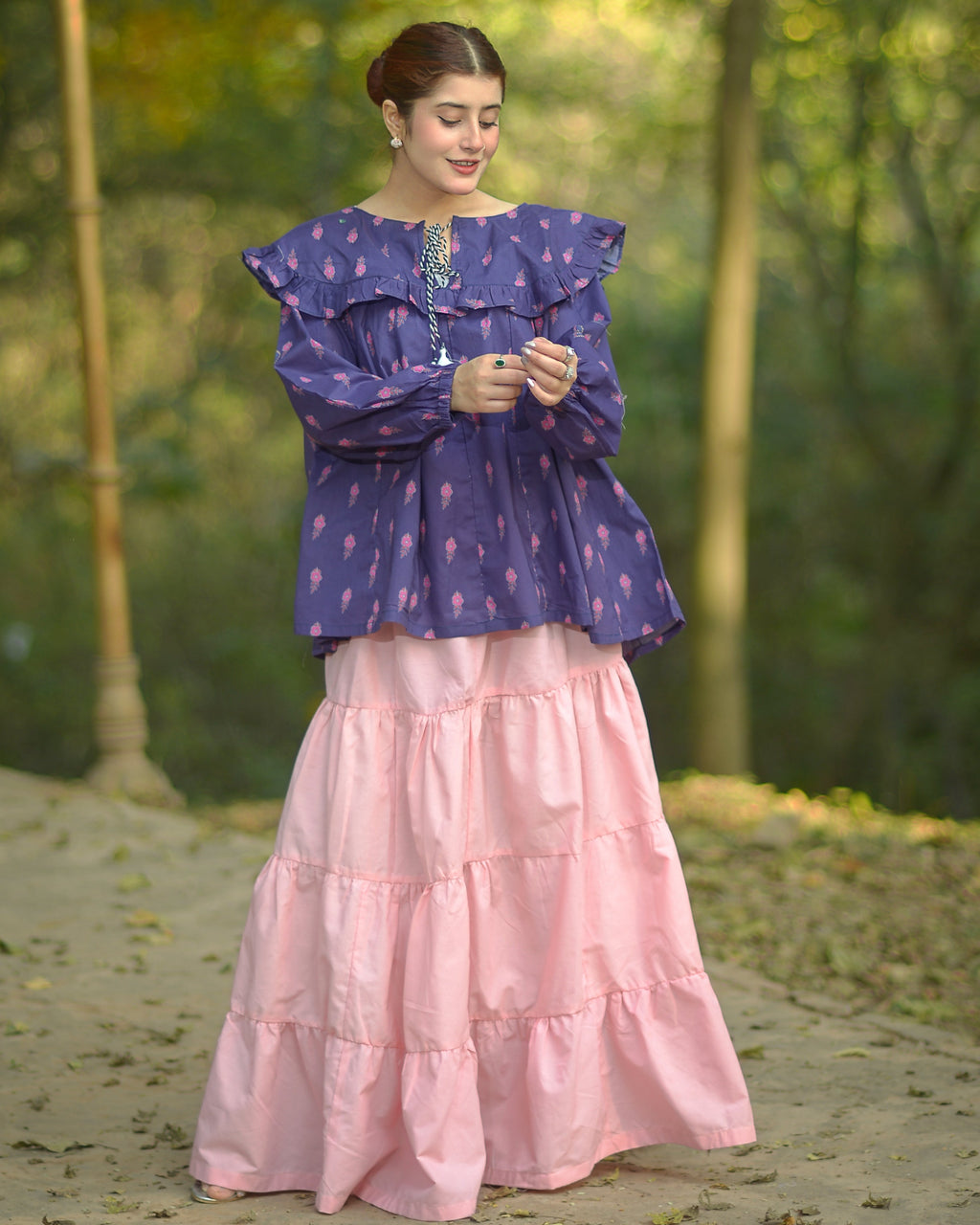 Pink Cotton Maxi Skirt – Elegant Tiered Long Skirt