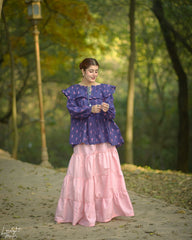 Printed Cotton Ruffle Peplum Top with Tassel Detail