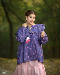 Printed Cotton Ruffle Peplum Top with Tassel Detail