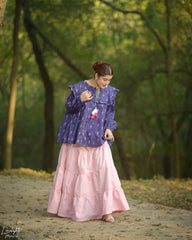 Printed Cotton Ruffle Peplum Top with Tassel Detail