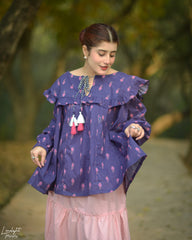 Printed Cotton Ruffle Peplum Top with Tassel Detail