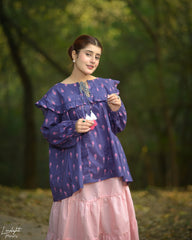 Printed Cotton Ruffle Peplum Top with Tassel Detail