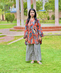 Garment-Washed Rust Cotton 2-Piece Co-0rd Set – Shirt & Striped Trousers