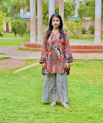 Garment-Washed Rust Cotton 2-Piece Co-0rd Set – Shirt & Striped Trousers