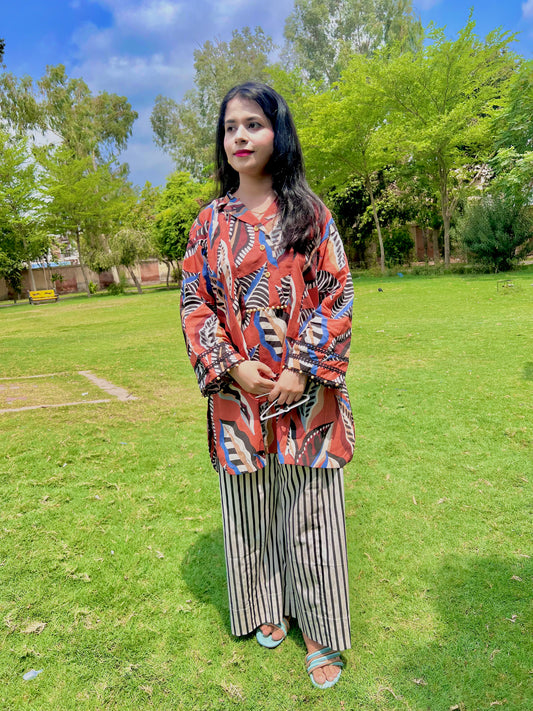 Garment-Washed Rust Cotton 2-Piece Co-0rd Set – Shirt & Striped Trousers