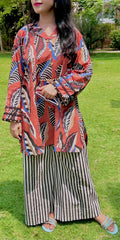 Garment-Washed Rust Cotton 2-Piece Co-0rd Set – Shirt & Striped Trousers