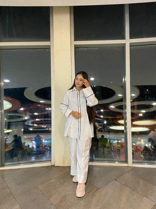 Women 2 Piece Coord Set – White with Contrast Detailing