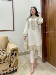 2 Piece Cotton Sequence Embroidered Suit