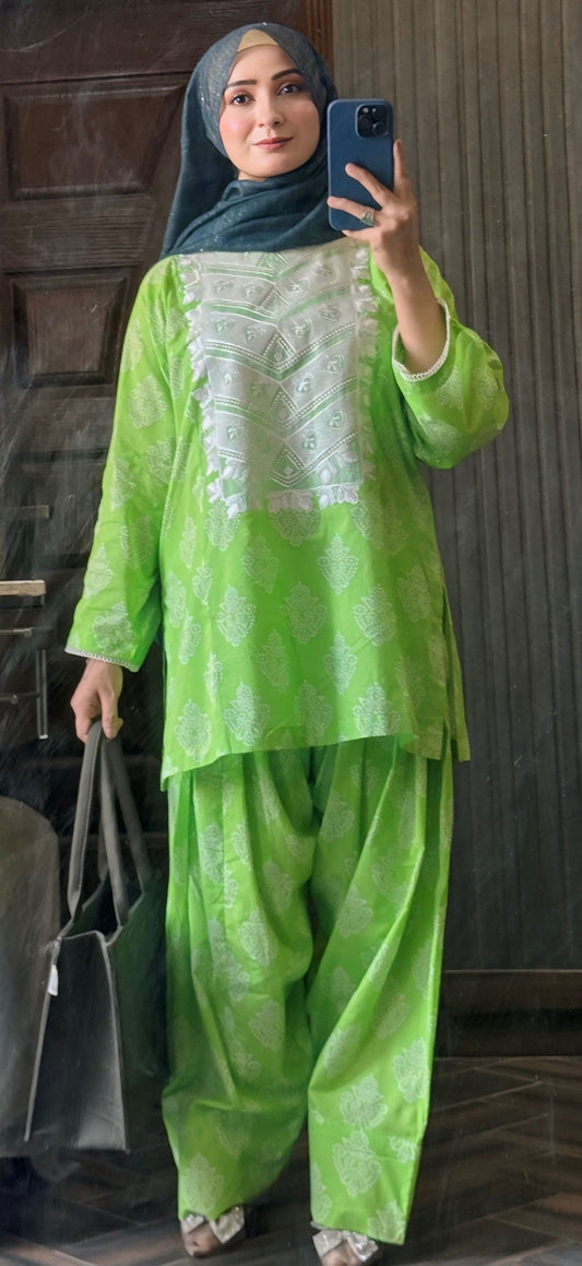 2 Piece Cotton Embroidred Co- Ord Set with Farshi Salwar