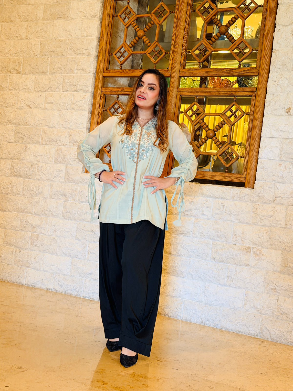 2 Piece Embroidered Paper Cotton Co-Ord Set