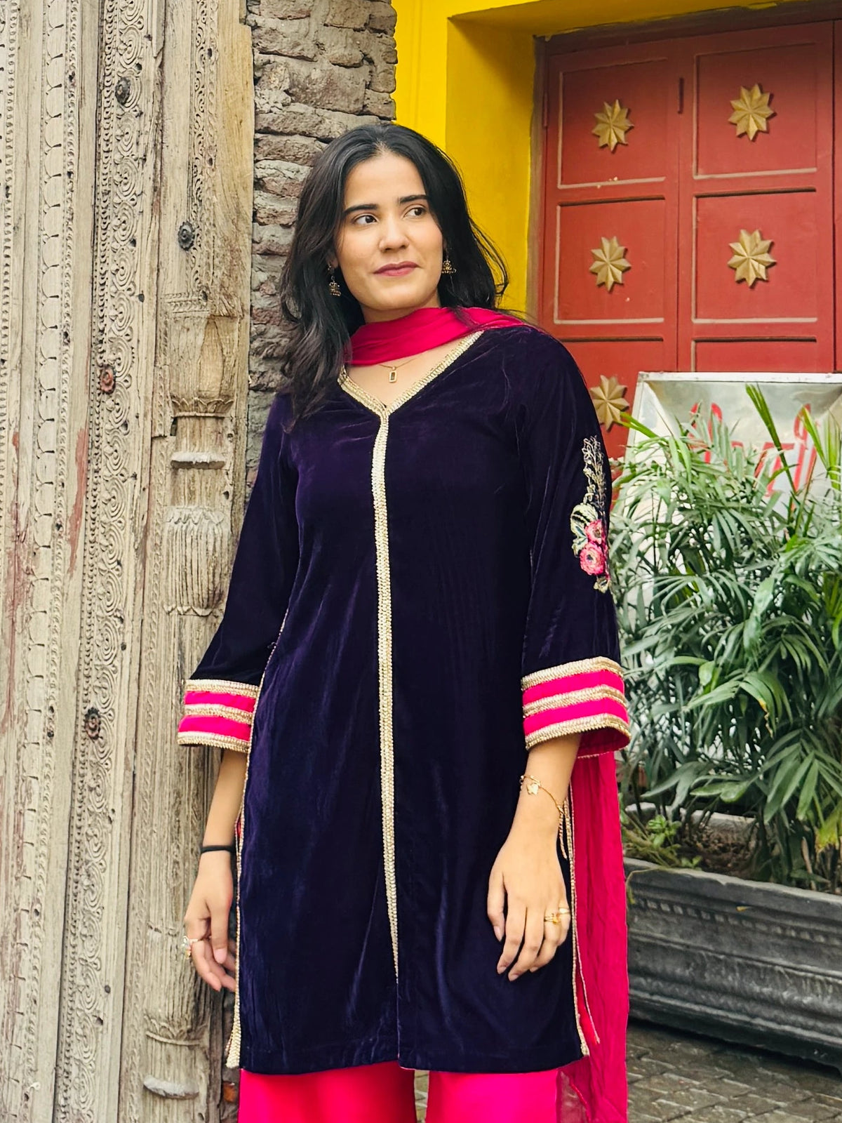 2-Piece Velvet Suit  with Raw Silk Trouser