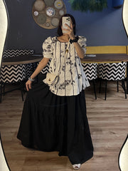 Black Cotton Maxi Skirt – Elegant Tiered Long Skirt