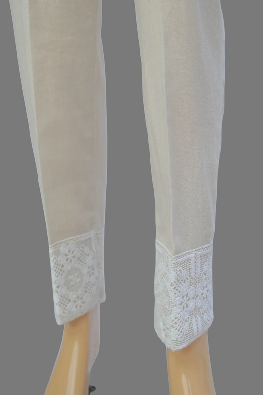 Linen Ivory Fabric Heavy Embroidery Stitched Trouser  - 100% Cotton  - Pre Shrinked