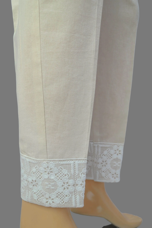 Linen Ivory Fabric Heavy Embroidery Stitched Trouser  - 100% Cotton  - Pre Shrinked