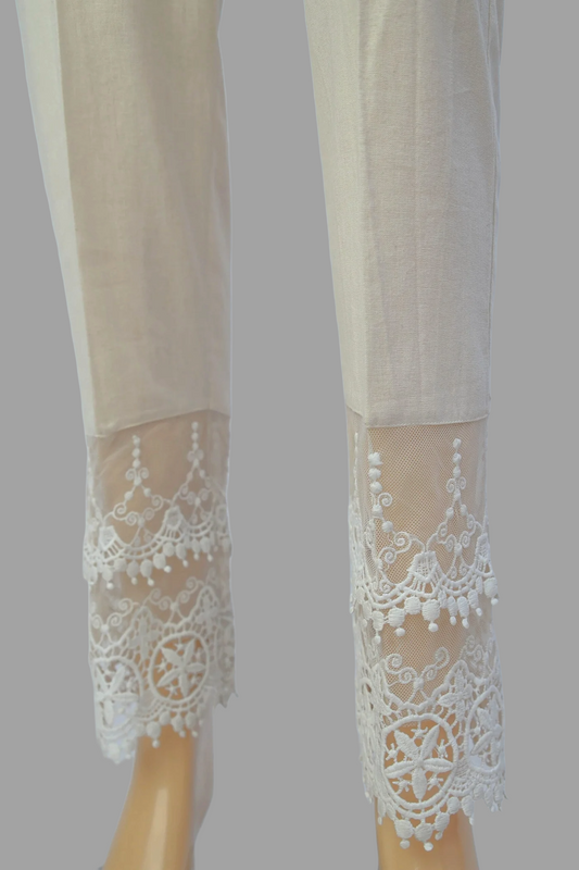 Linen Ivory Fabric double Embroidery Stitched Trouser  - 100% Cotton  - Pre Shrinked