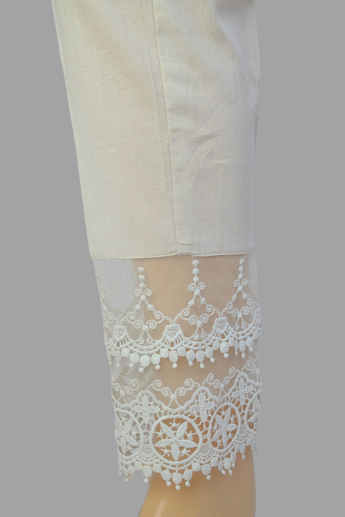 Linen Ivory Fabric double Embroidery Stitched Trouser  - 100% Cotton  - Pre Shrinked