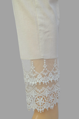 Linen Ivory Fabric double Embroidery Stitched Trouser  - 100% Cotton  - Pre Shrinked