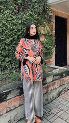 Garment-Washed Rust Cotton 2-Piece Co-0rd Set – Shirt & Striped Trousers