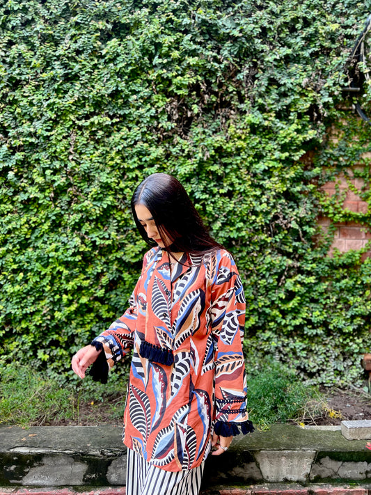 Garment-Washed Rust Cotton 2-Piece Co-0rd Set – Shirt & Striped Trousers