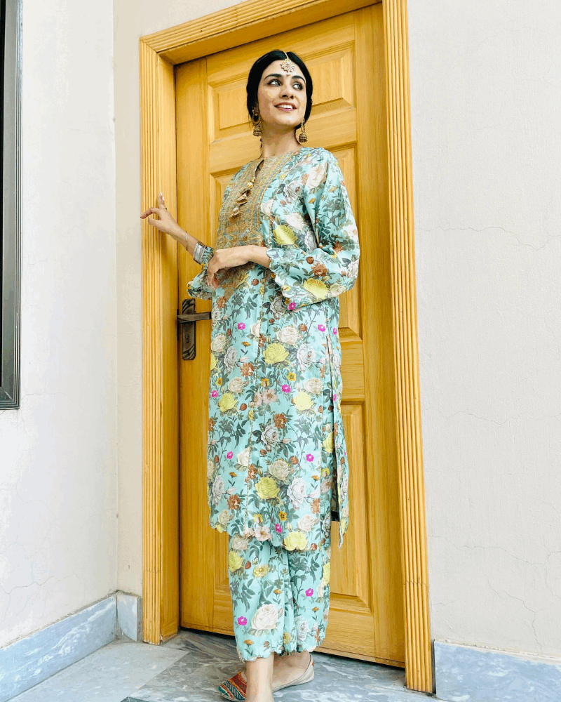 2 Piece Embroidred Cotton/Viscose  Printed  Suit