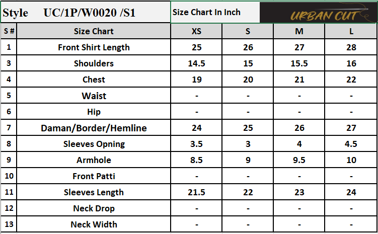 Product Size Chart