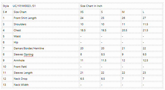 Product Size Chart