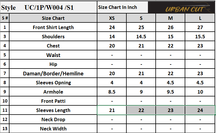 Product Size Chart