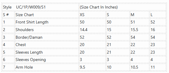 Product Size Chart