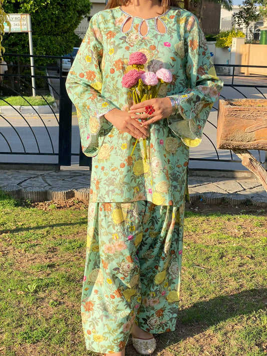 2 Piece Cotton Printed Co- Ord Set with Farshi Shalwar