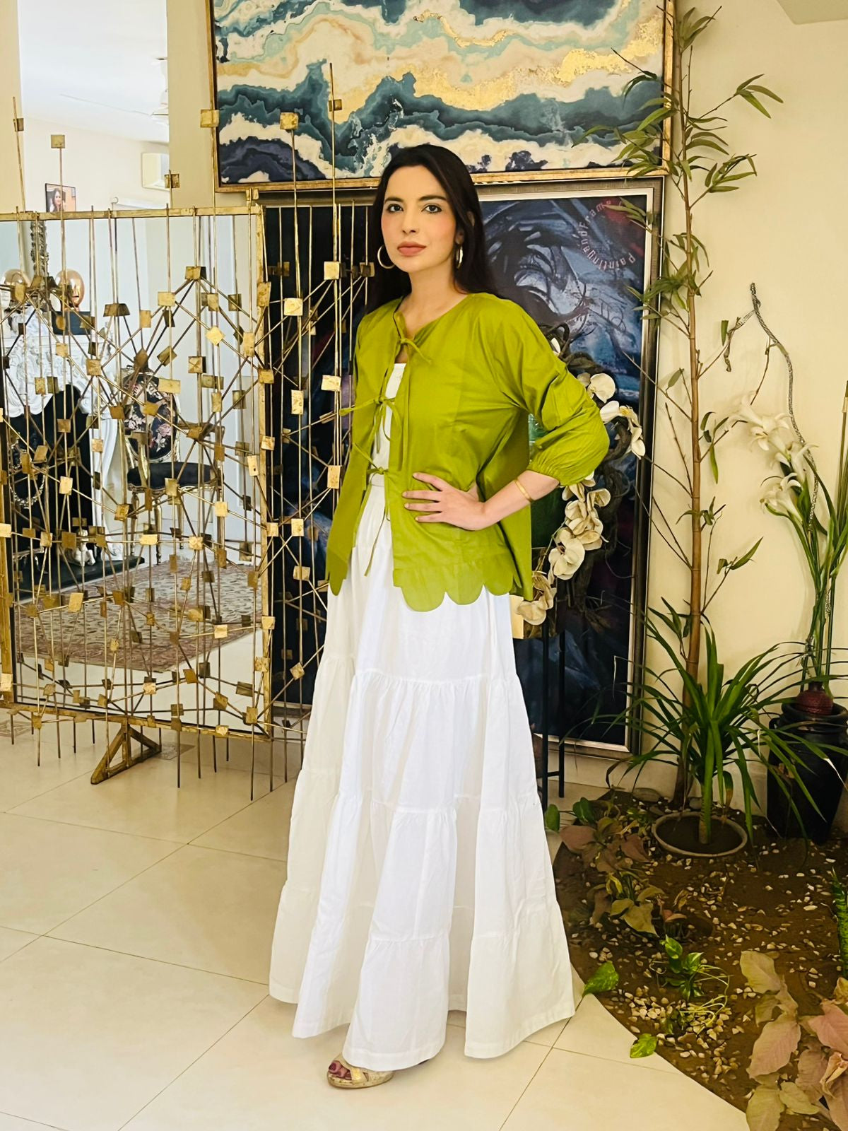 1 Piece Green Cotton Tie-Up Shirt | Scalloped  Hem