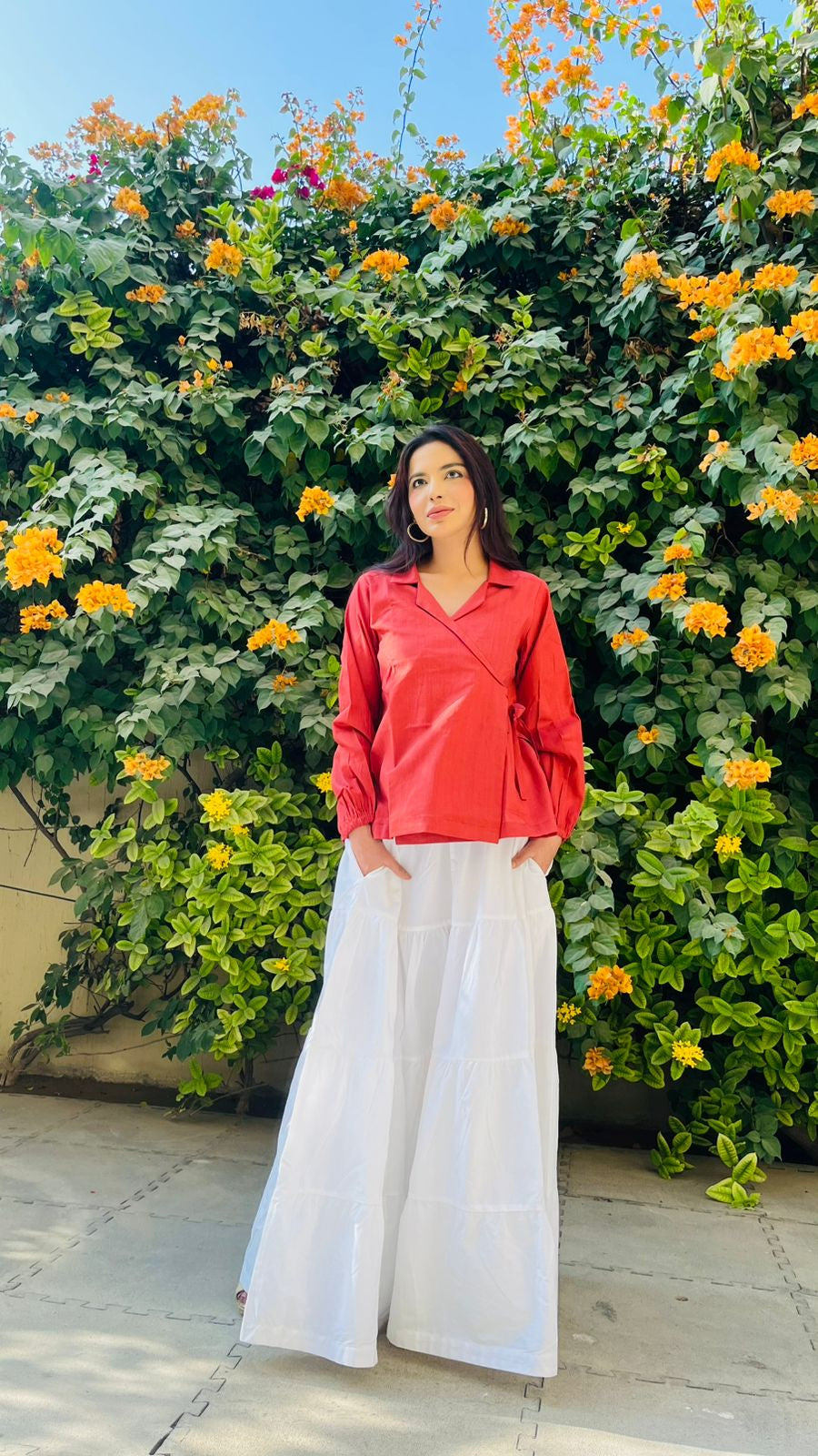 1 Piece Red Cotton Wrap Shirt | Minimal Chic