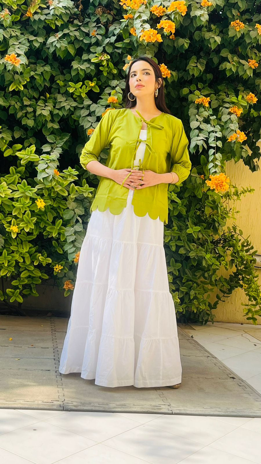 1 Piece Green Cotton Tie-Up Shirt | Scalloped  Hem