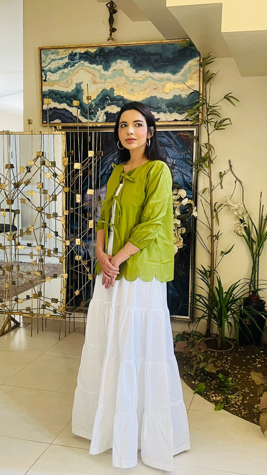 1 Piece Green Cotton Tie-Up Shirt | Scalloped  Hem