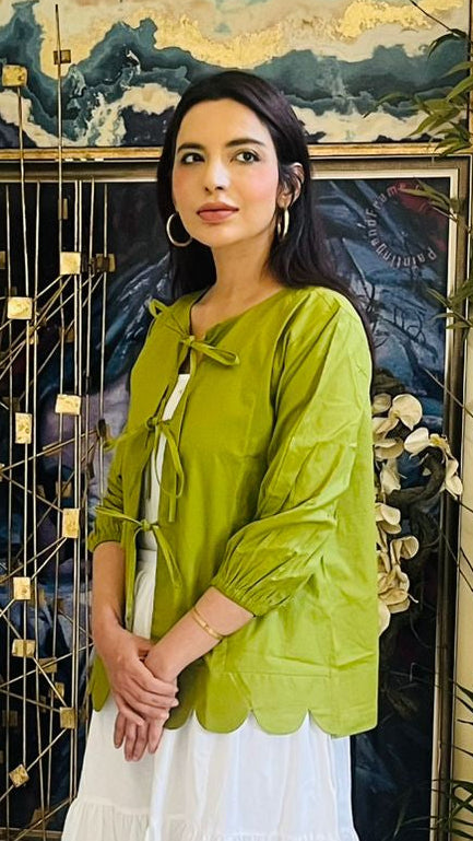 1 Piece Green Cotton Tie-Up Shirt | Scalloped  Hem