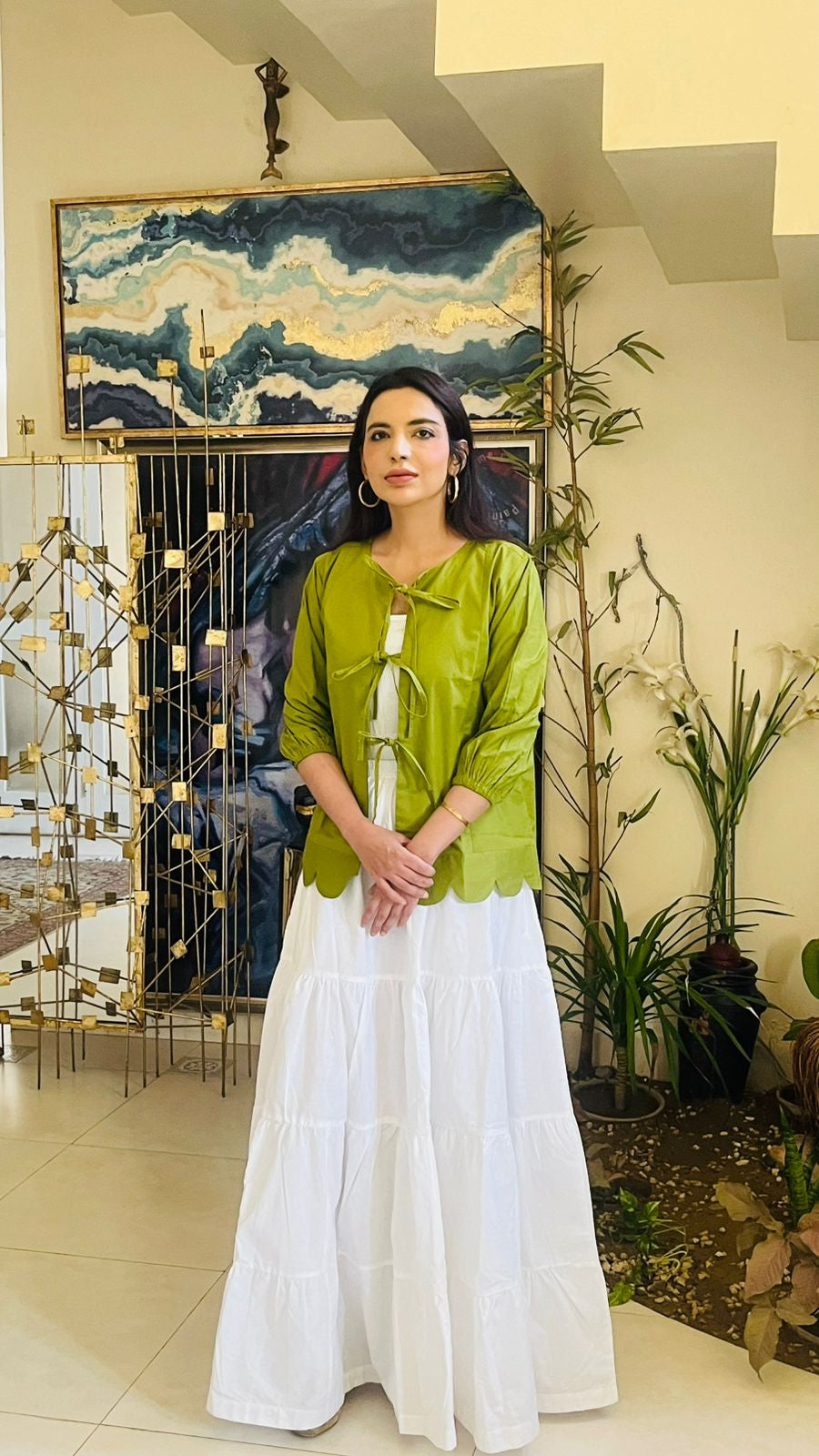 1 Piece Green Cotton Tie-Up Shirt | Scalloped  Hem