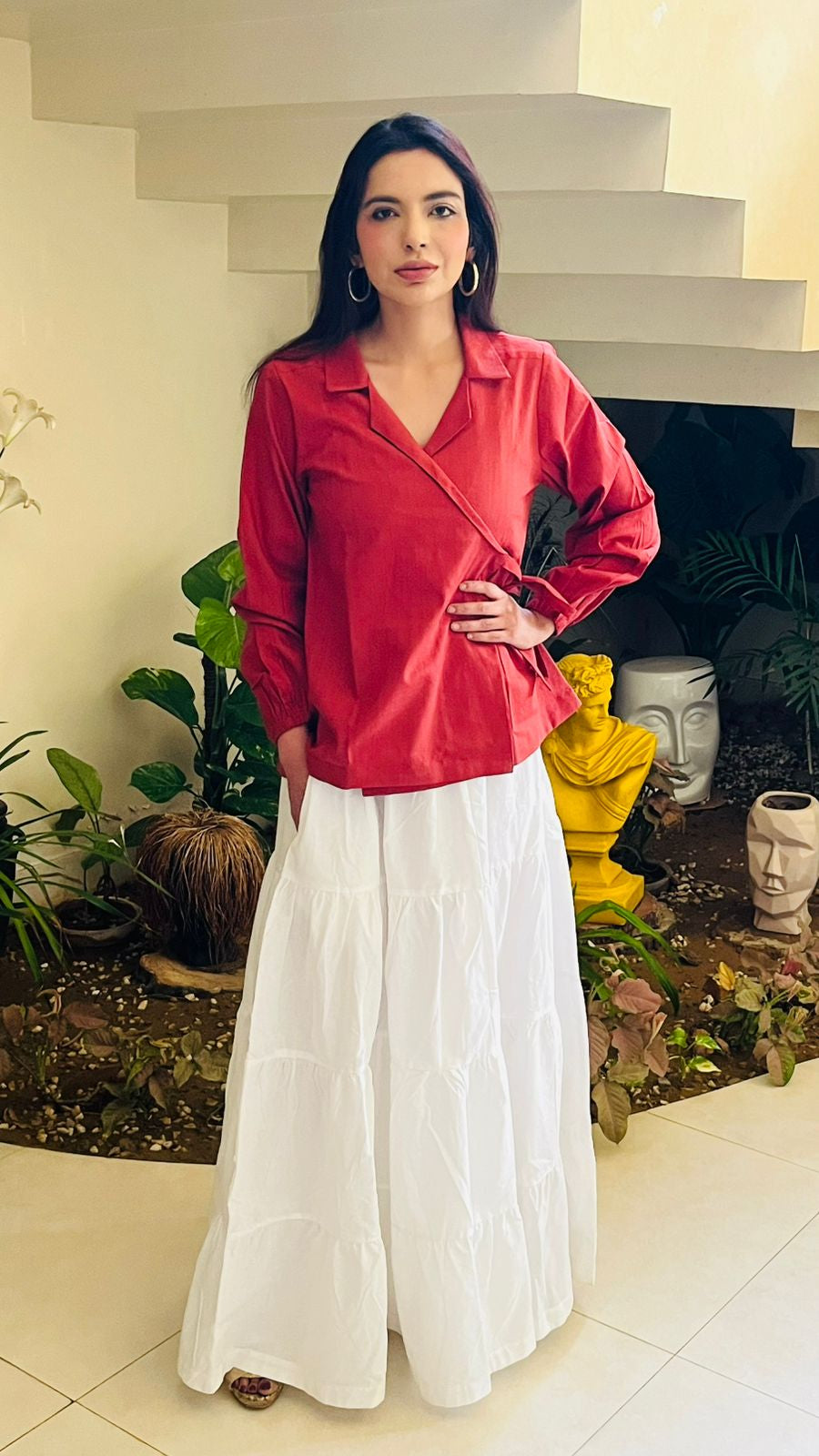 1 Piece Red Cotton Wrap Shirt | Minimal Chic