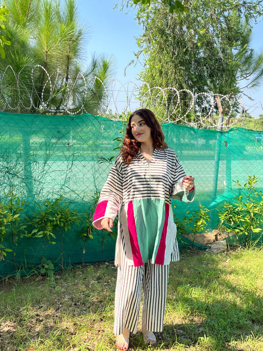 Striped Colorblock Cotton 2-Piece Suit