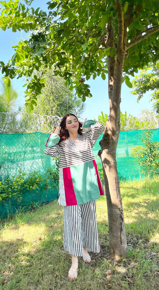 Striped Colorblock Cotton 2-Piece Suit