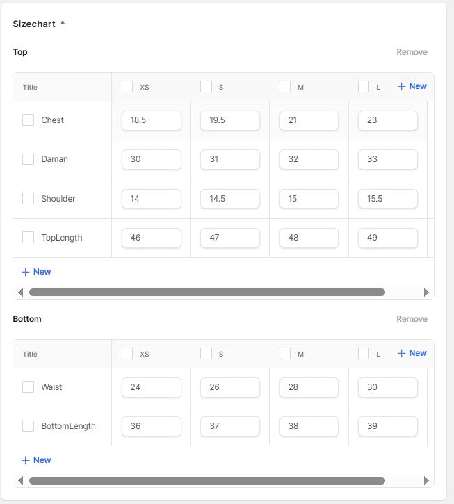 Product Size Chart